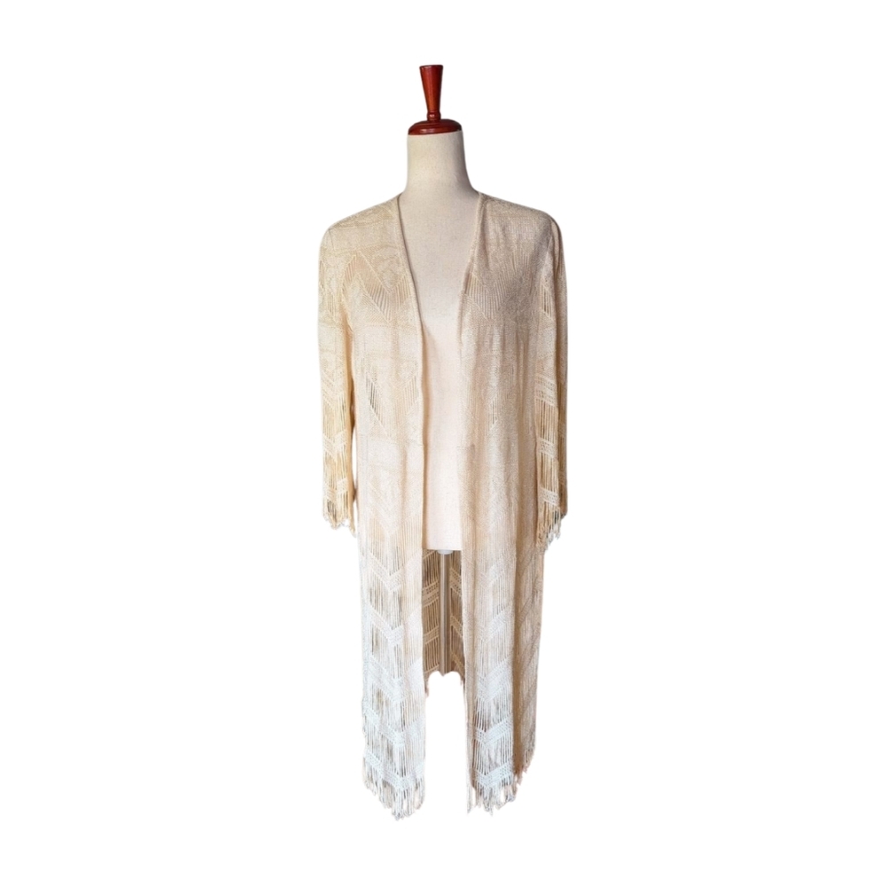 Vintage‎ Lillie Rubin Gold Metallic Fringe Open Front Duster Size Medium